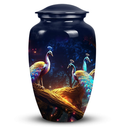 Medium size peacock-themed decorative urn crafted from metal, suitable for burial in ground, unique and portable for human ashes