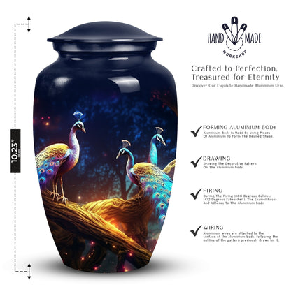 Medium size peacock-themed decorative urn crafted from metal, suitable for burial in ground, unique and portable for human ashes