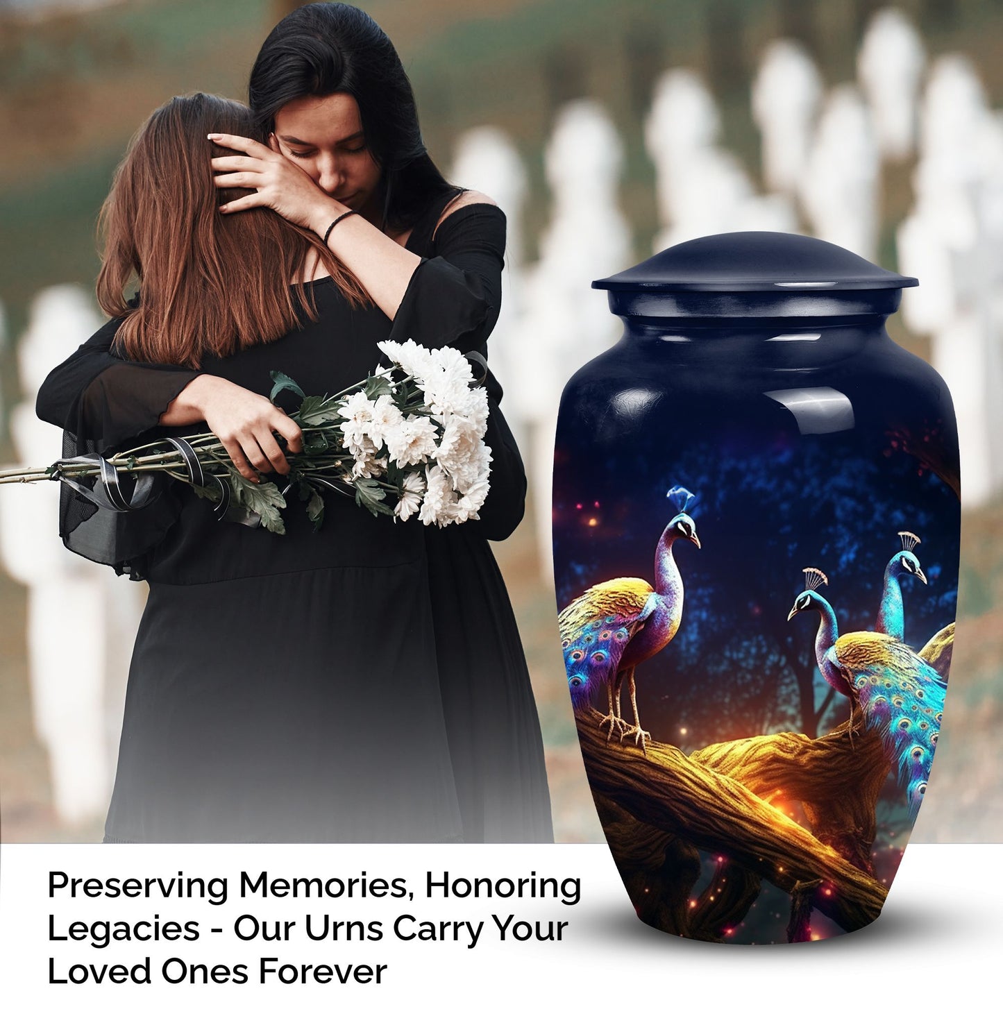Medium size peacock-themed decorative urn crafted from metal, suitable for burial in ground, unique and portable for human ashes