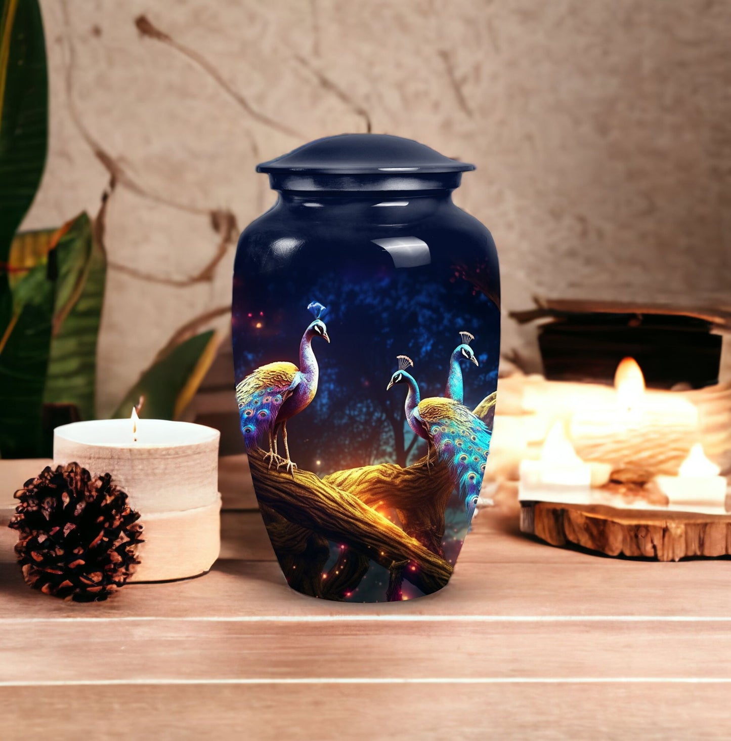 Medium size peacock-themed decorative urn crafted from metal, suitable for burial in ground, unique and portable for human ashes