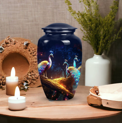 Medium size peacock-themed decorative urn crafted from metal, suitable for burial in ground, unique and portable for human ashes
