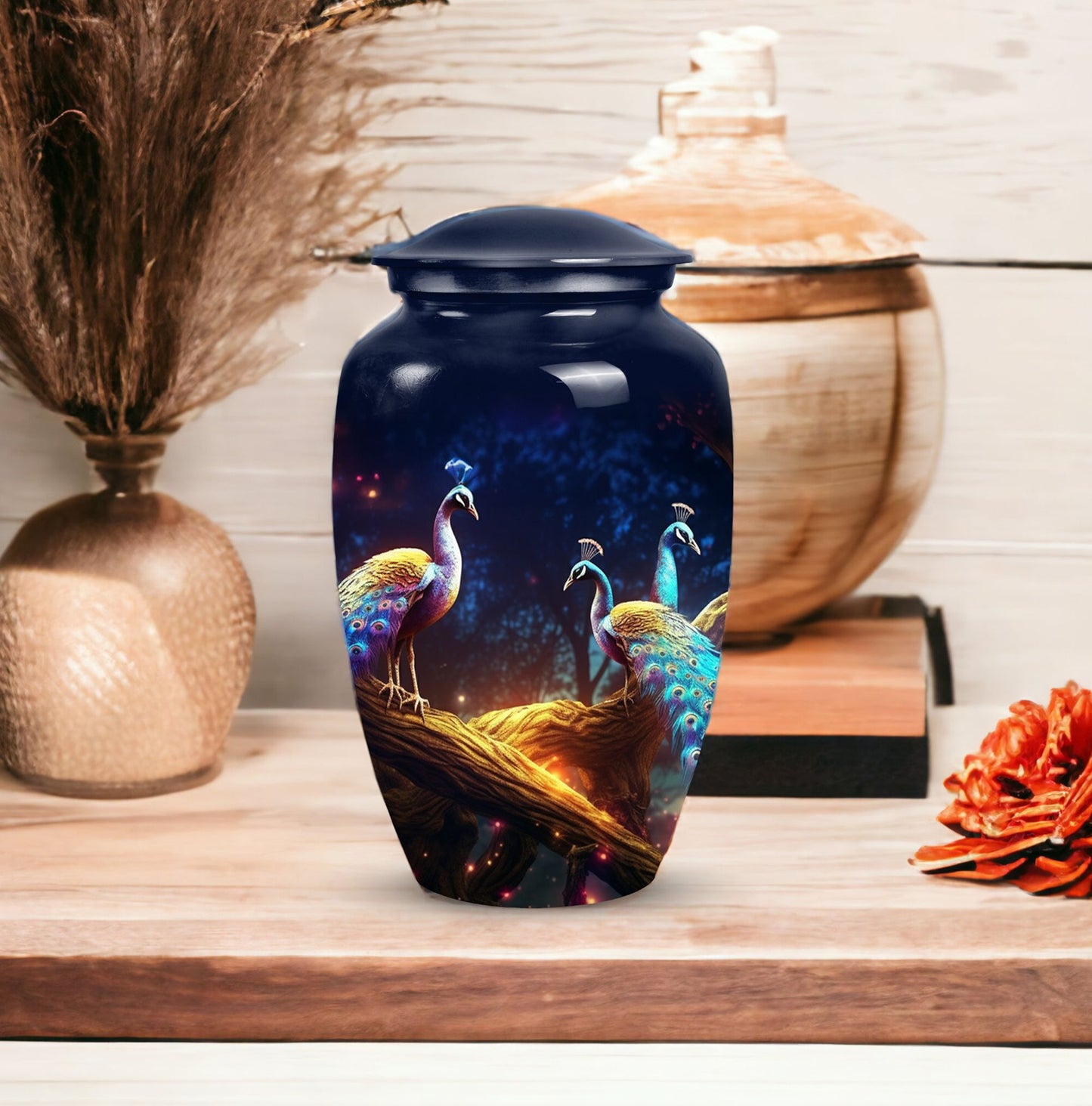 Medium size peacock-themed decorative urn crafted from metal, suitable for burial in ground, unique and portable for human ashes