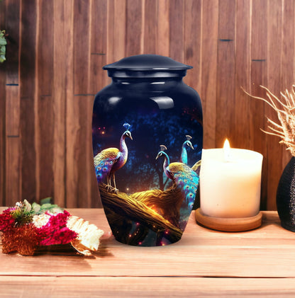 Medium size peacock-themed decorative urn crafted from metal, suitable for burial in ground, unique and portable for human ashes