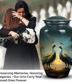 Peacock-design medium urn for adult female ashes, customizable and unique metal cremation urn