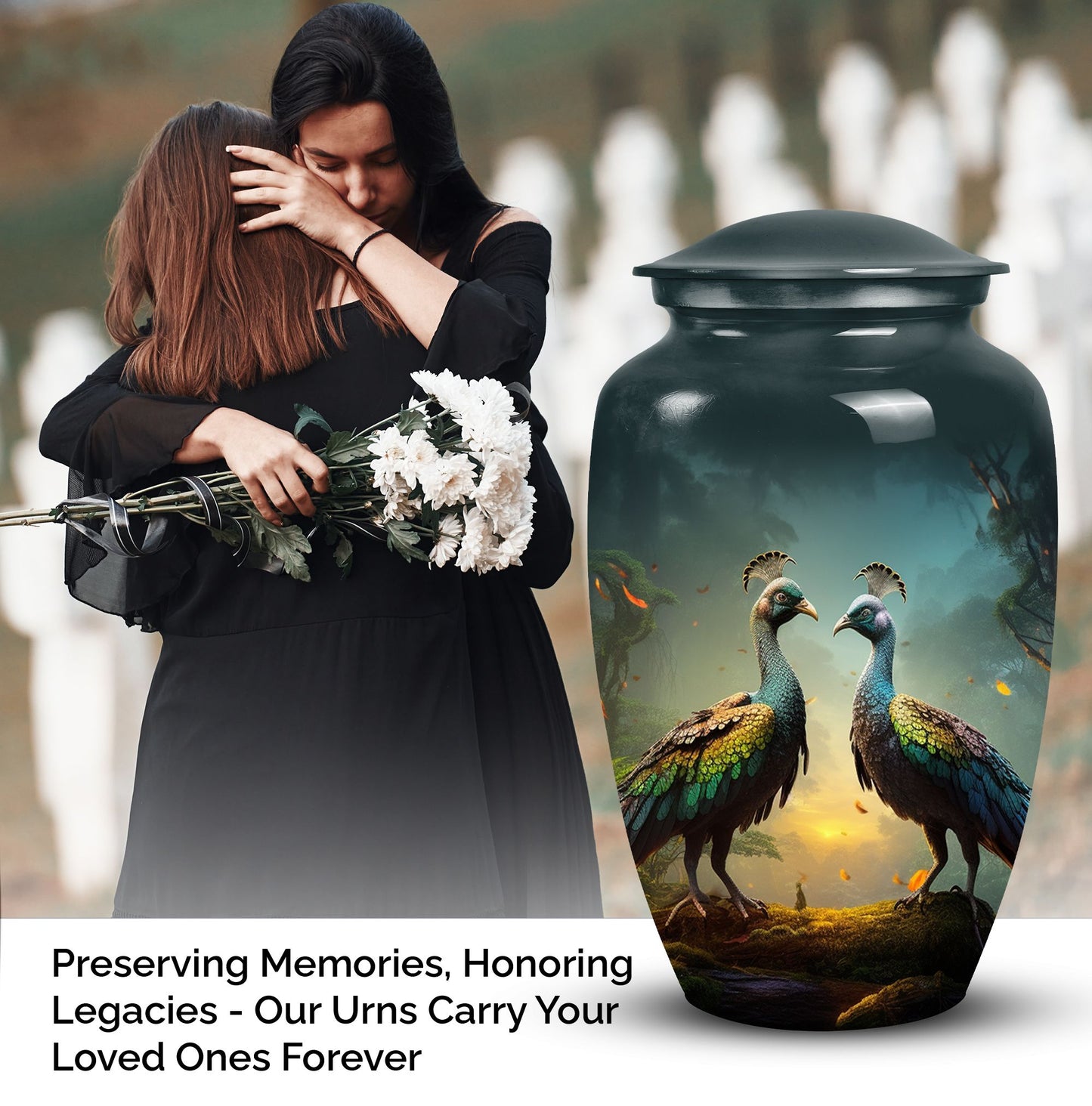 Peacock-design medium urn for adult female ashes, customizable and unique metal cremation urn