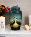 Peacock-design medium urn for adult female ashes, customizable and unique metal cremation urn