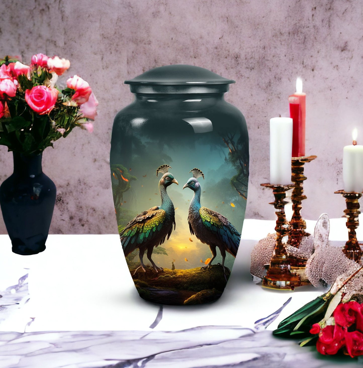 Peacock-design medium urn for adult female ashes, customizable and unique metal cremation urn
