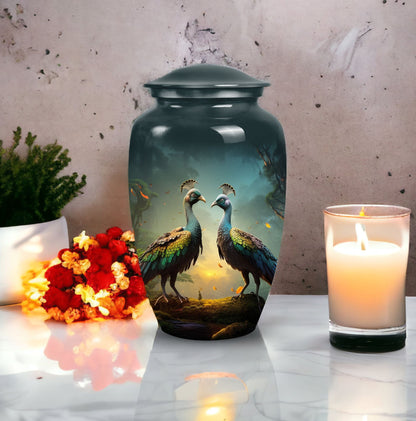 Peacock-design medium urn for adult female ashes, customizable and unique metal cremation urn