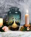 Peacock-design medium urn for adult female ashes, customizable and unique metal cremation urn