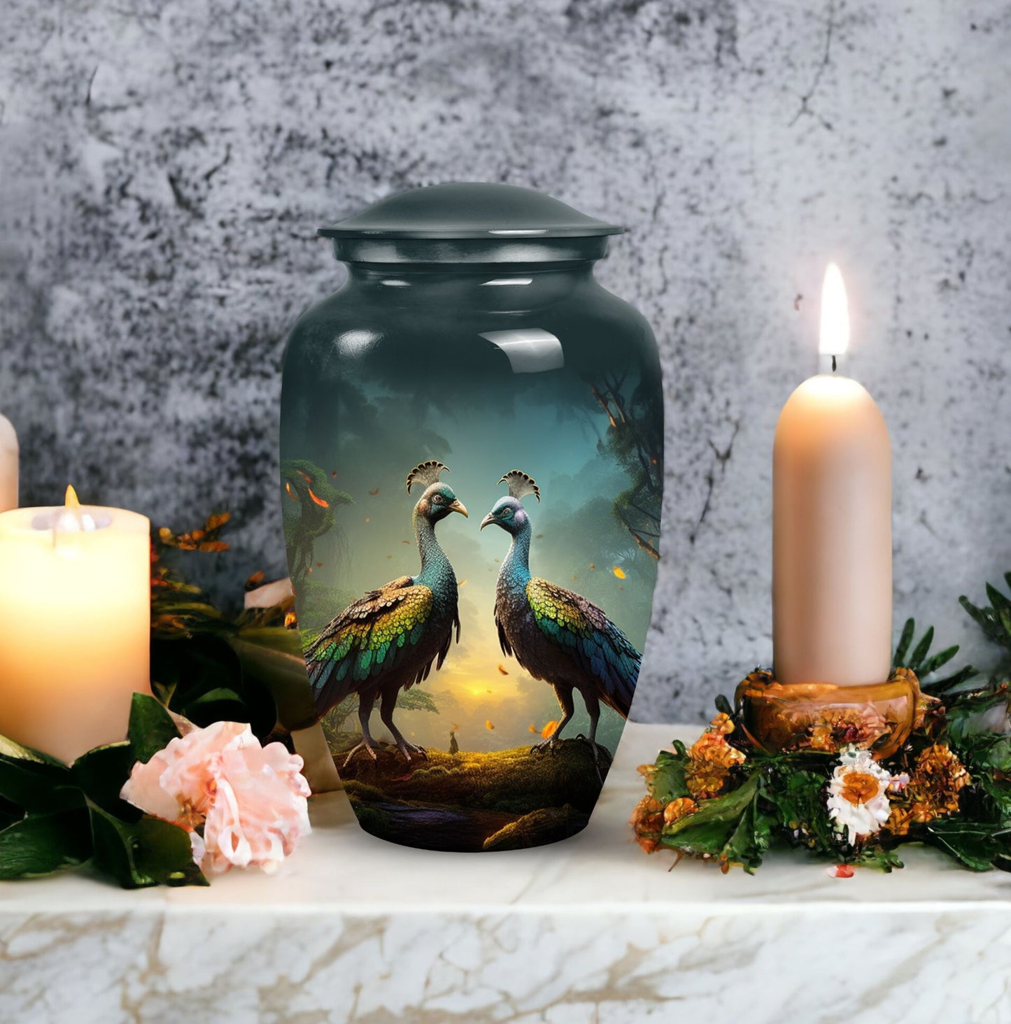 Peacock-design medium urn for adult female ashes, customizable and unique metal cremation urn