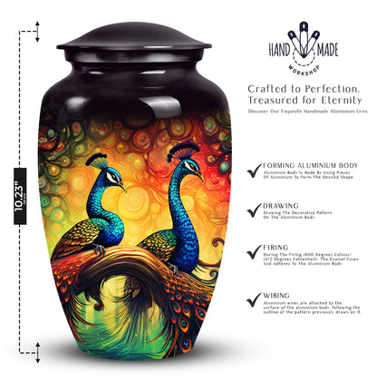 Peacock designed metallic URNas Para Cenizas Humana for adults, an urn ashes holder