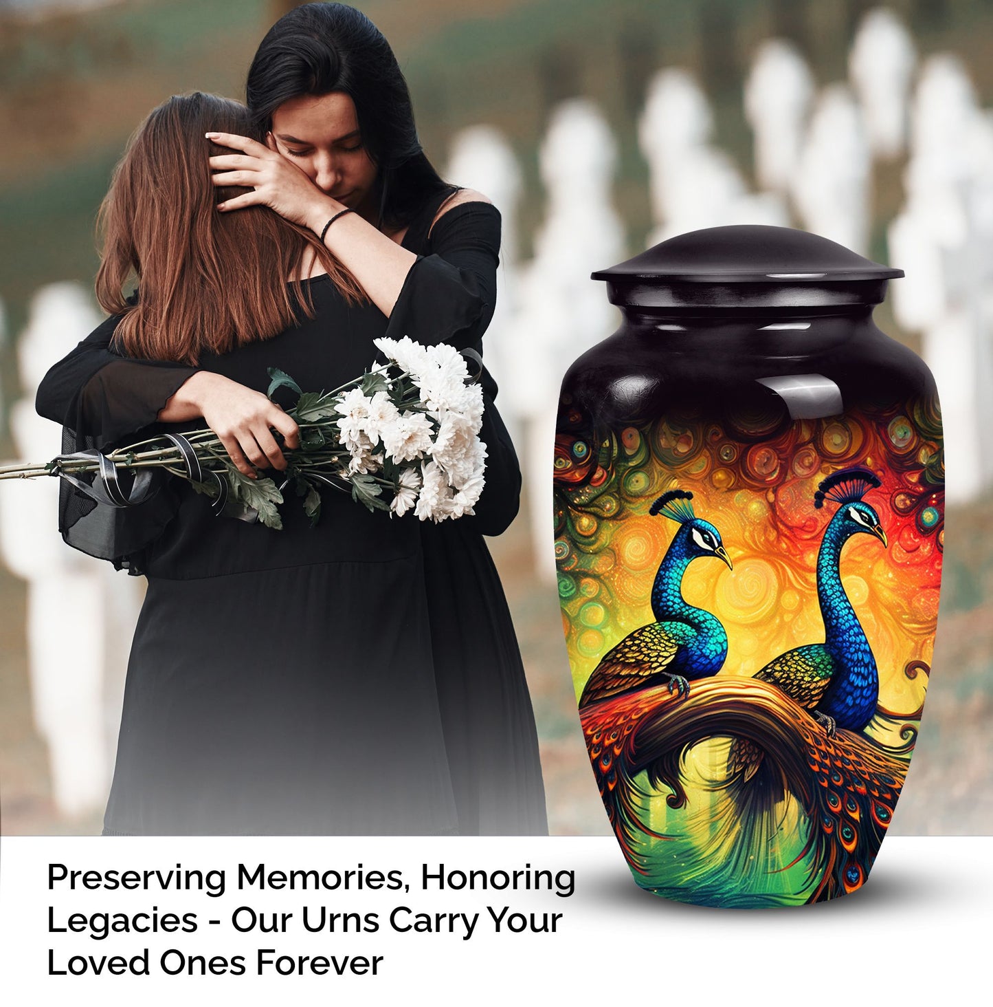 Peacock designed metallic URNas Para Cenizas Humana for adults, an urn ashes holder
