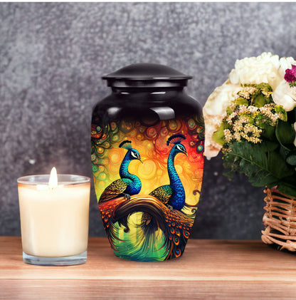 Peacock designed metallic URNas Para Cenizas Humana for adults, an urn ashes holder