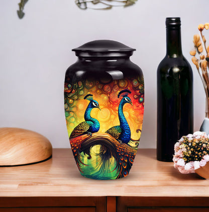 Peacock designed metallic URNas Para Cenizas Humana for adults, an urn ashes holder