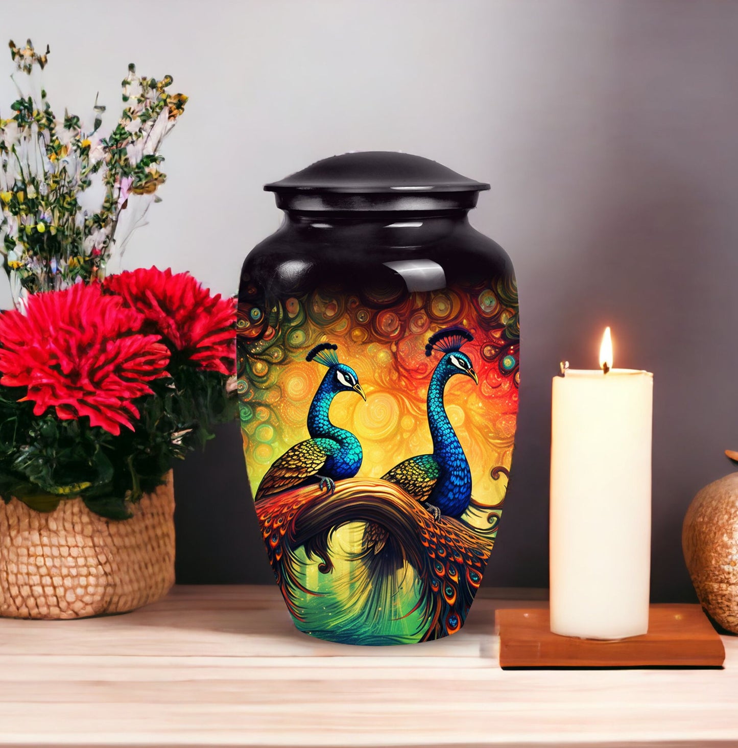 Peacock designed metallic URNas Para Cenizas Humana for adults, an urn ashes holder