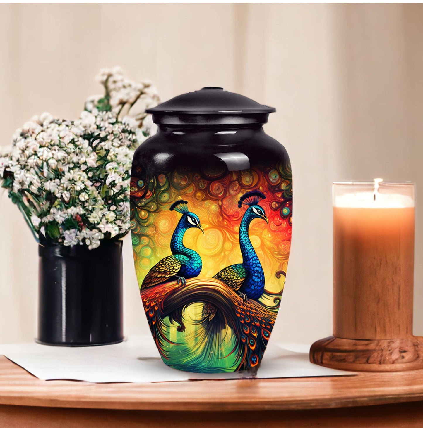 Peacock designed metallic URNas Para Cenizas Humana for adults, an urn ashes holder