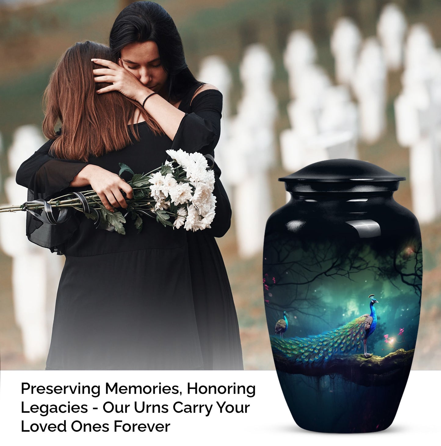 Peacock decorated metallic urn for adult human ashes, suitable for funerary ceremonies or burial purposes