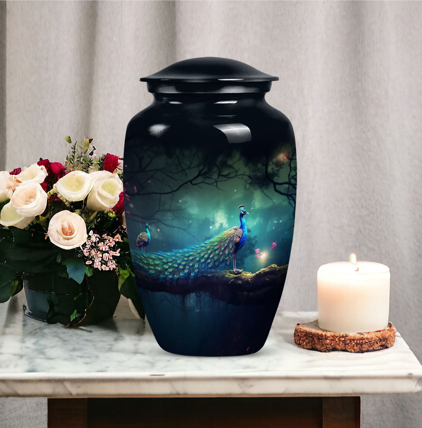 Peacock decorated metallic urn for adult human ashes, suitable for funerary ceremonies or burial purposes