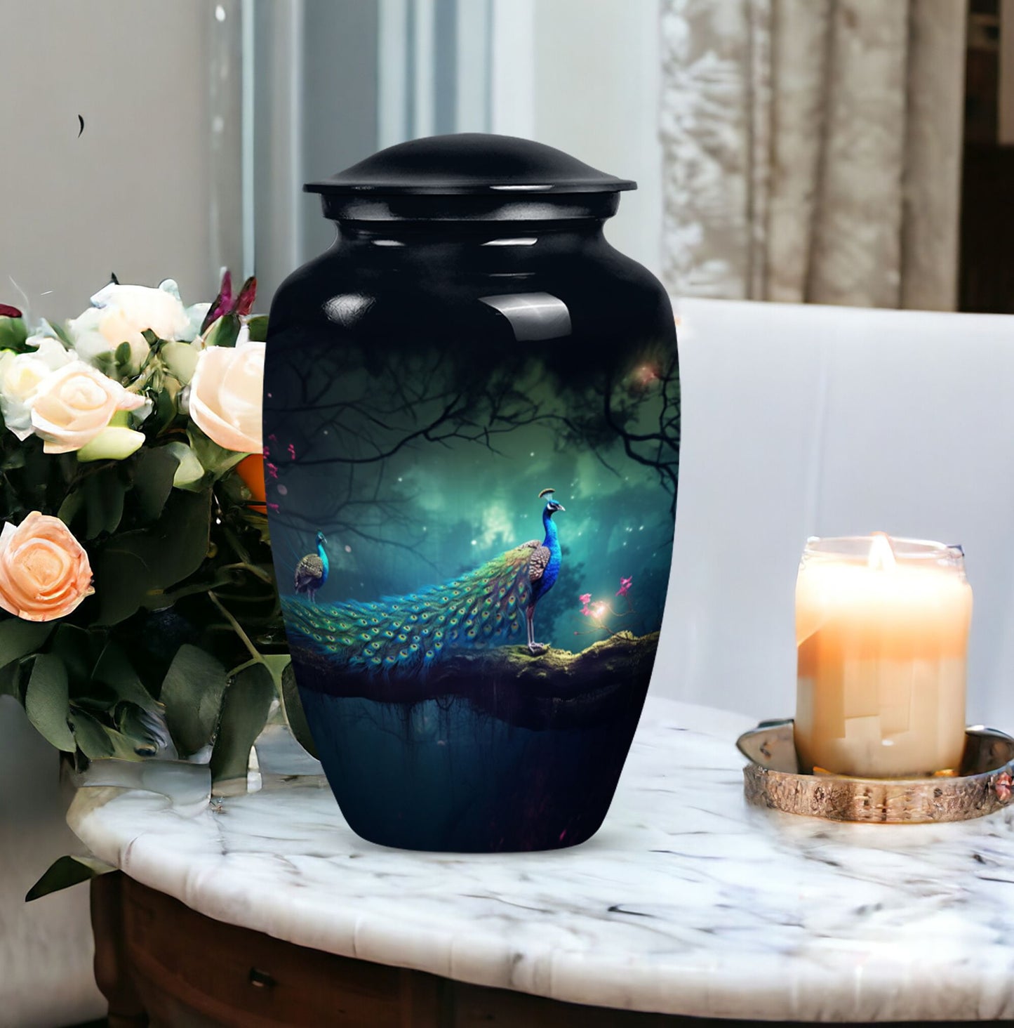 Peacock decorated metallic urn for adult human ashes, suitable for funerary ceremonies or burial purposes