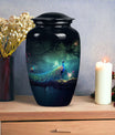 Peacock decorated metallic urn for adult human ashes, suitable for funerary ceremonies or burial purposes