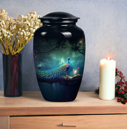 Peacock decorated metallic urn for adult human ashes, suitable for funerary ceremonies or burial purposes