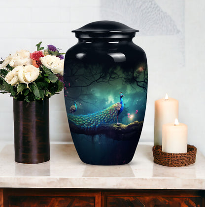 Peacock decorated metallic urn for adult human ashes, suitable for funerary ceremonies or burial purposes