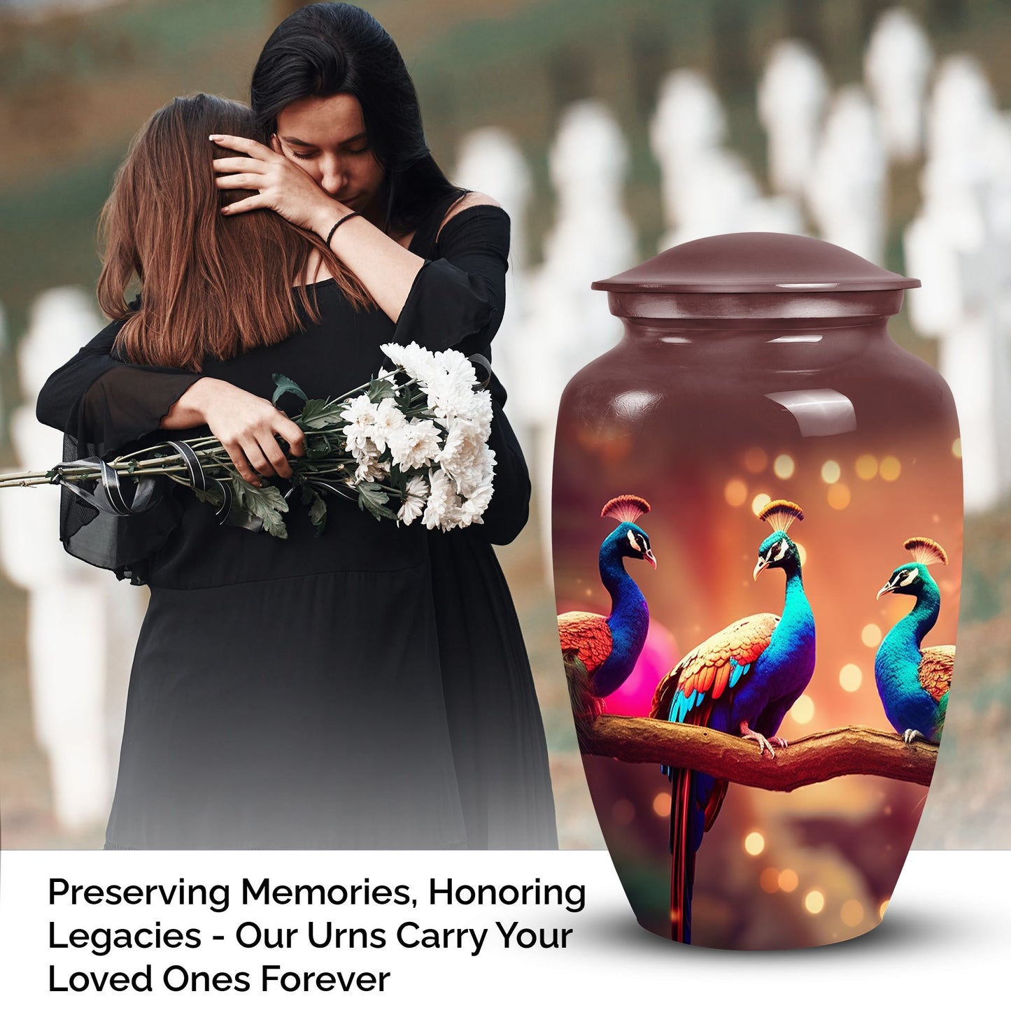 Peacock themed, adult Funeral-URN from Perfect Memorials, ideal for honoring a beloved dad's ashes