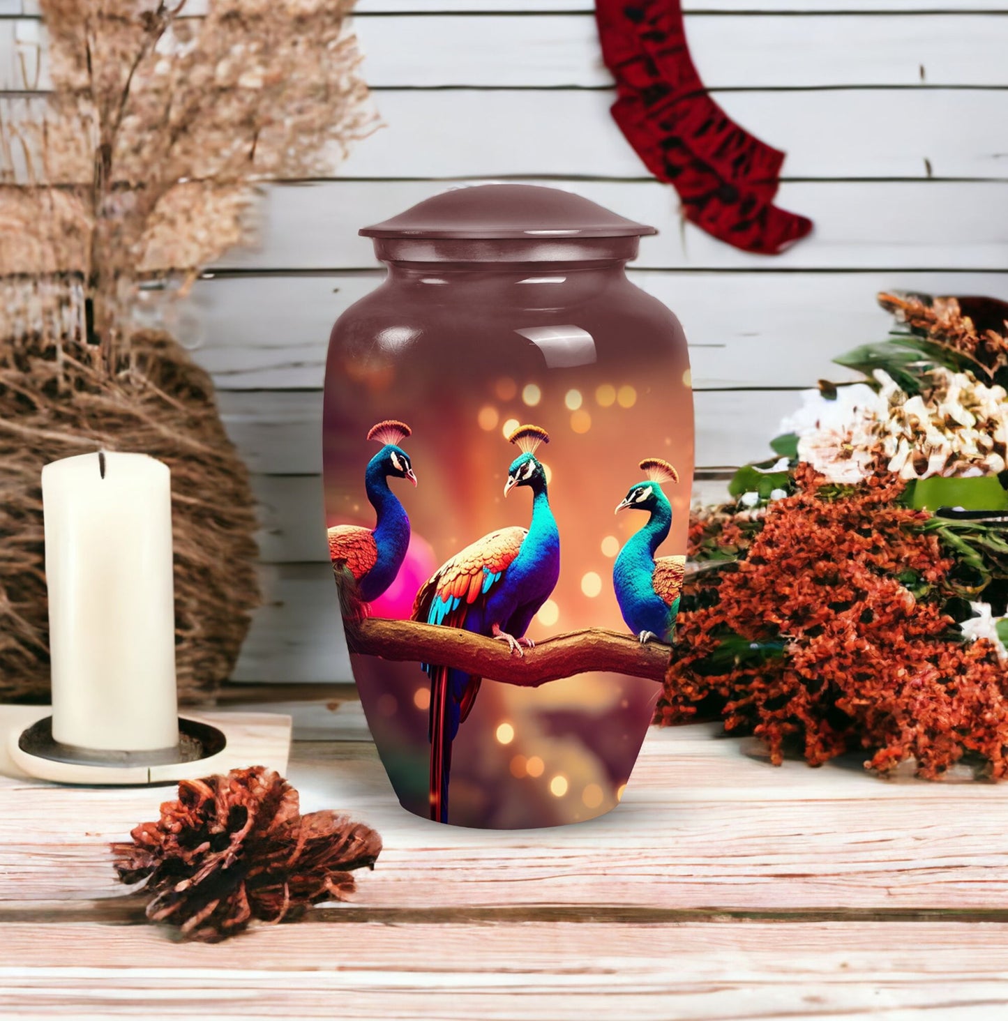 Peacock themed, adult Funeral-URN from Perfect Memorials, ideal for honoring a beloved dad's ashes