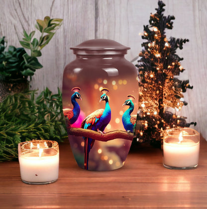 Peacock themed, adult Funeral-URN from Perfect Memorials, ideal for honoring a beloved dad's ashes