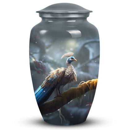Elegant peacock themed urn for adult male human ashes, medium size urn option for storing ashes discretely