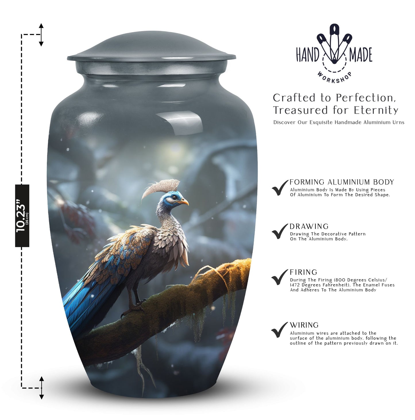 Elegant peacock themed urn for adult male human ashes, medium size urn option for storing ashes discretely