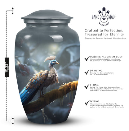 Elegant peacock themed urn for adult male human ashes, medium size urn option for storing ashes discretely