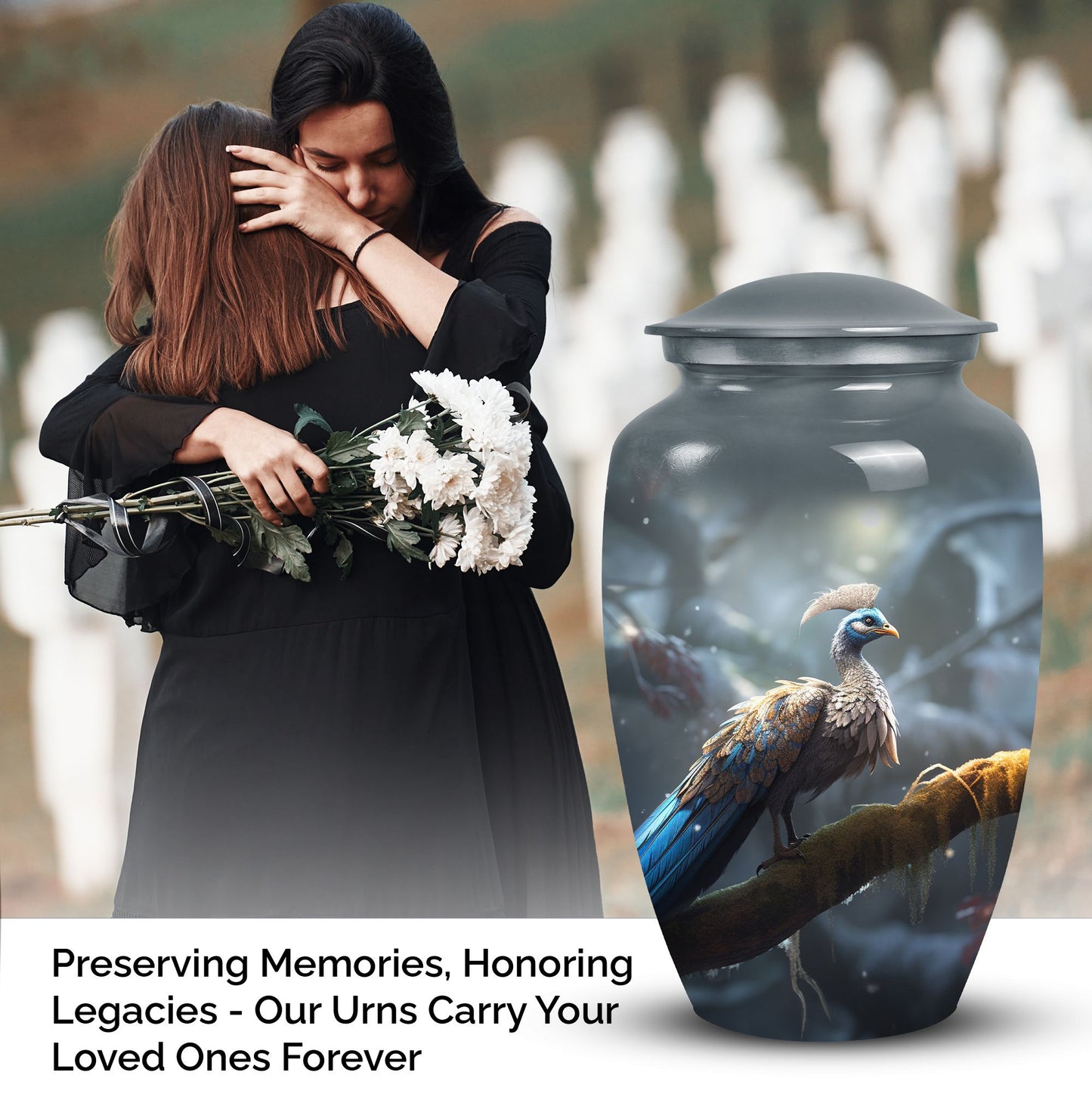 Elegant peacock themed urn for adult male human ashes, medium size urn option for storing ashes discretely