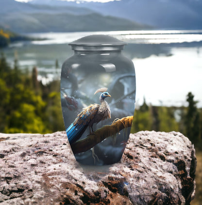 Elegant peacock themed urn for adult male human ashes, medium size urn option for storing ashes discretely