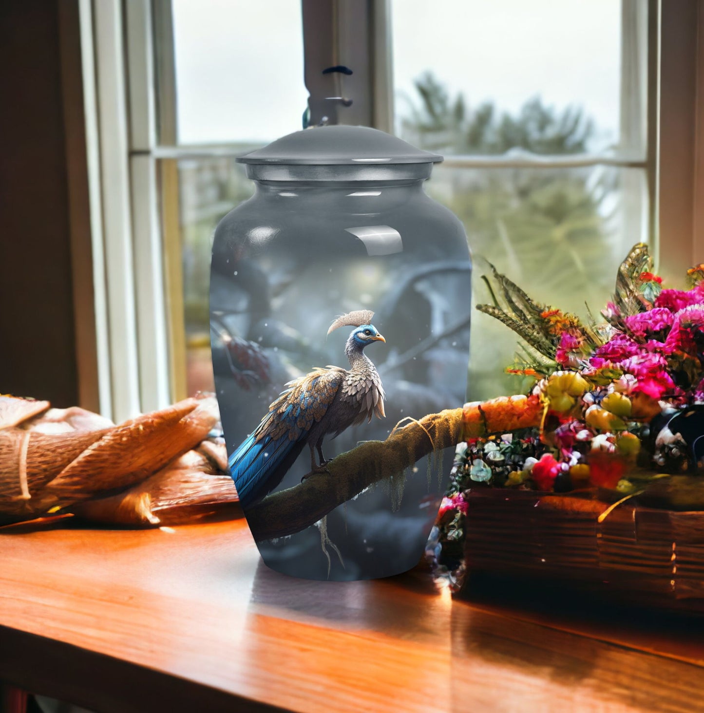 Elegant peacock themed urn for adult male human ashes, medium size urn option for storing ashes discretely