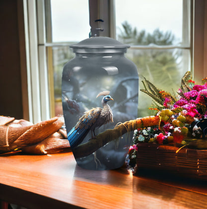 Elegant peacock themed urn for adult male human ashes, medium size urn option for storing ashes discretely