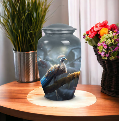 Elegant peacock themed urn for adult male human ashes, medium size urn option for storing ashes discretely