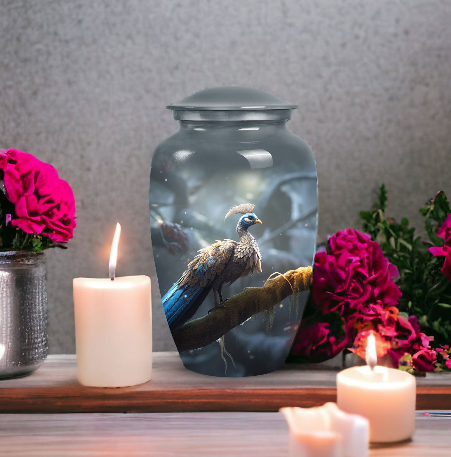 Elegant peacock themed urn for adult male human ashes, medium size urn option for storing ashes discretely