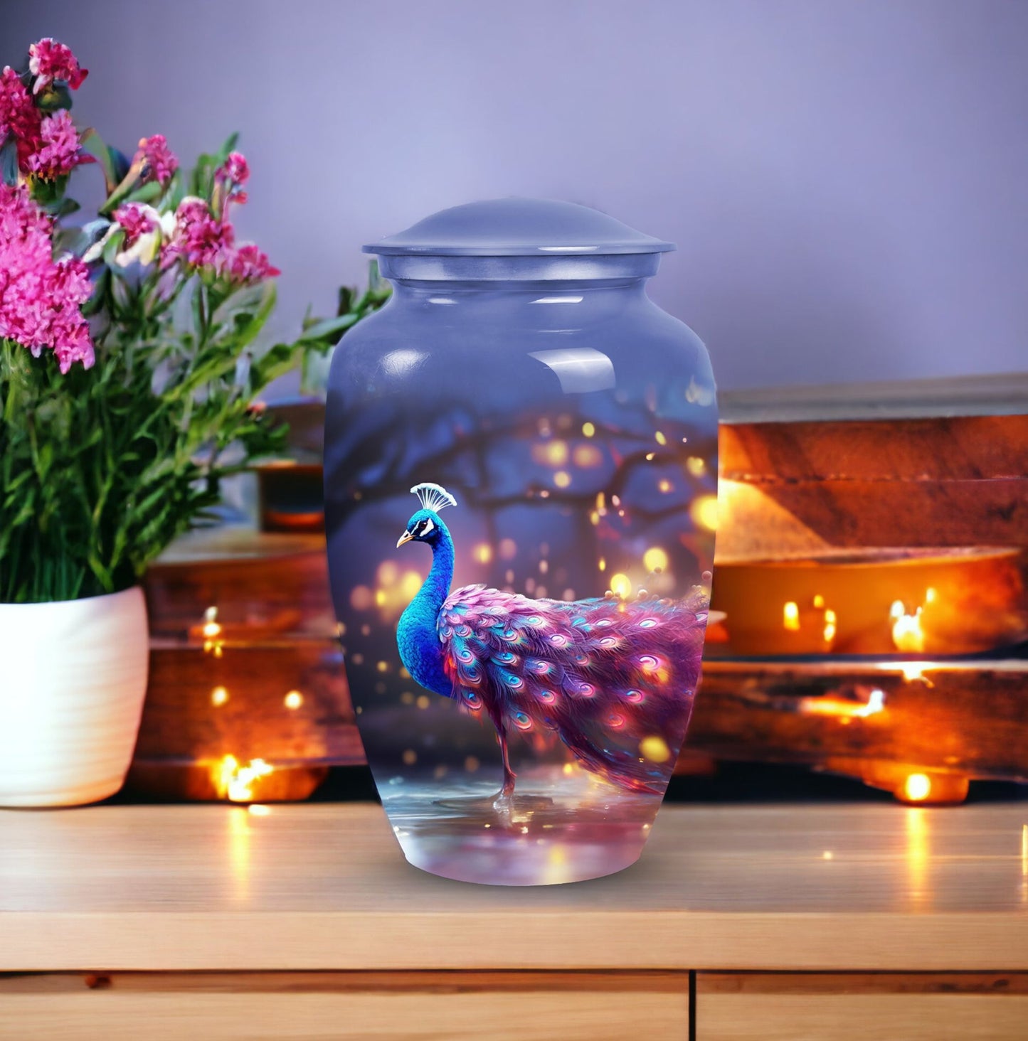 Unique metal peacock design funeral urn for ashes of adults, perfect keepsake for a beloved grandfather
