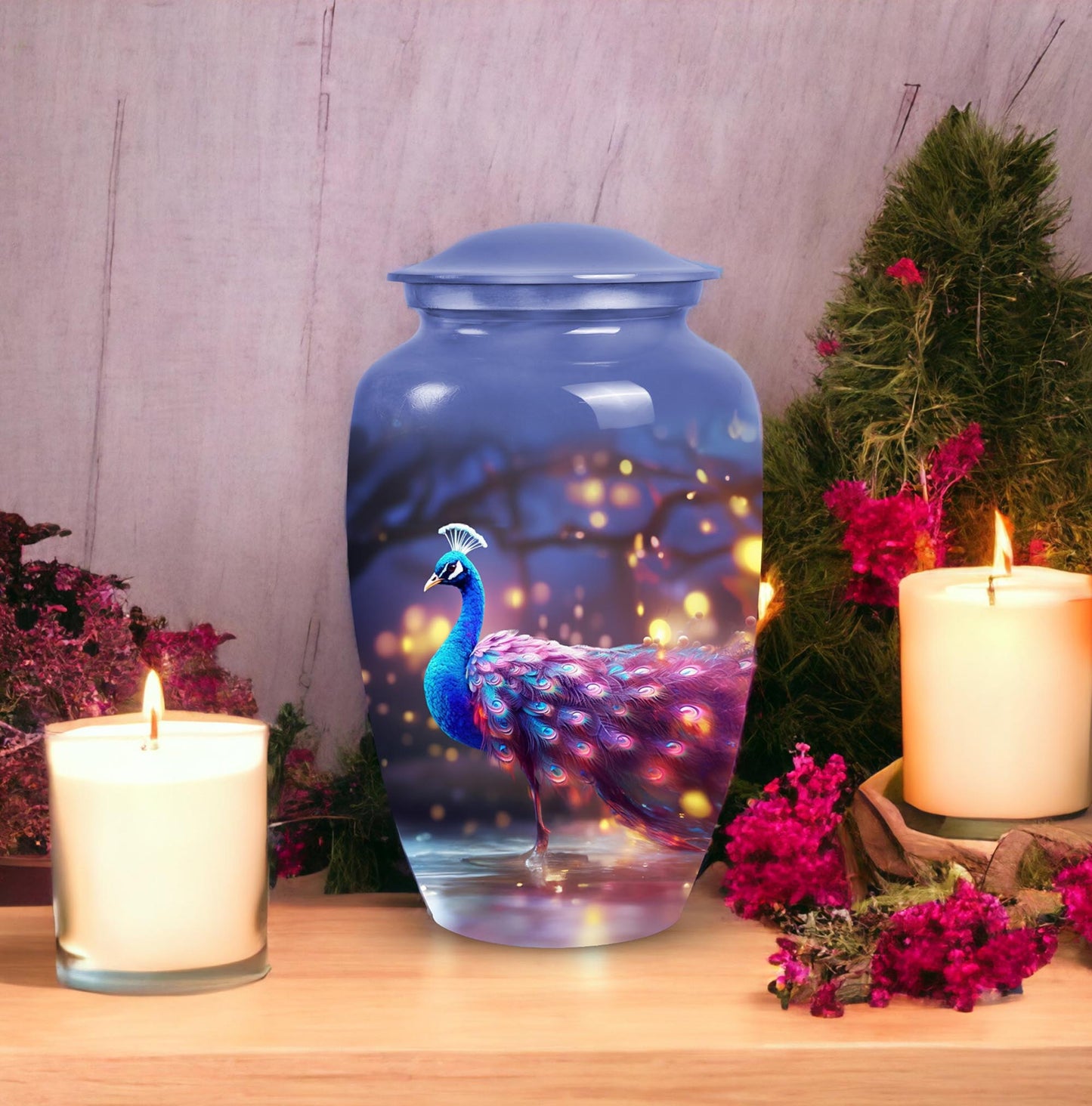 Unique metal peacock design funeral urn for ashes of adults, perfect keepsake for a beloved grandfather