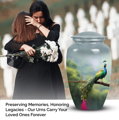 Elegant Peacock Urn, crafted for safely storing adult ashes, suitable for both men and women