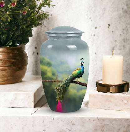 Elegant Peacock Urn, crafted for safely storing adult ashes, suitable for both men and women