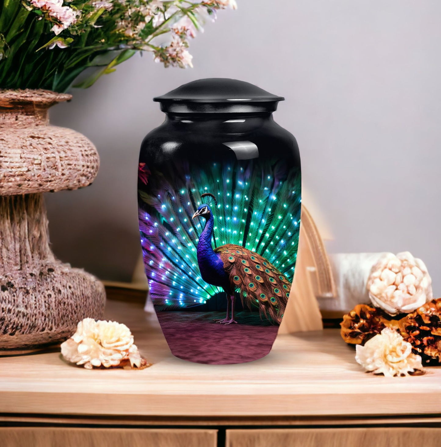 Elegant Peacock ash urn for cremation, suitable storage for men's or women's ashes, ideal for mother's memorial