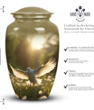 Photo of a dove-themed cremation urn meant for storing adult female human ashes.