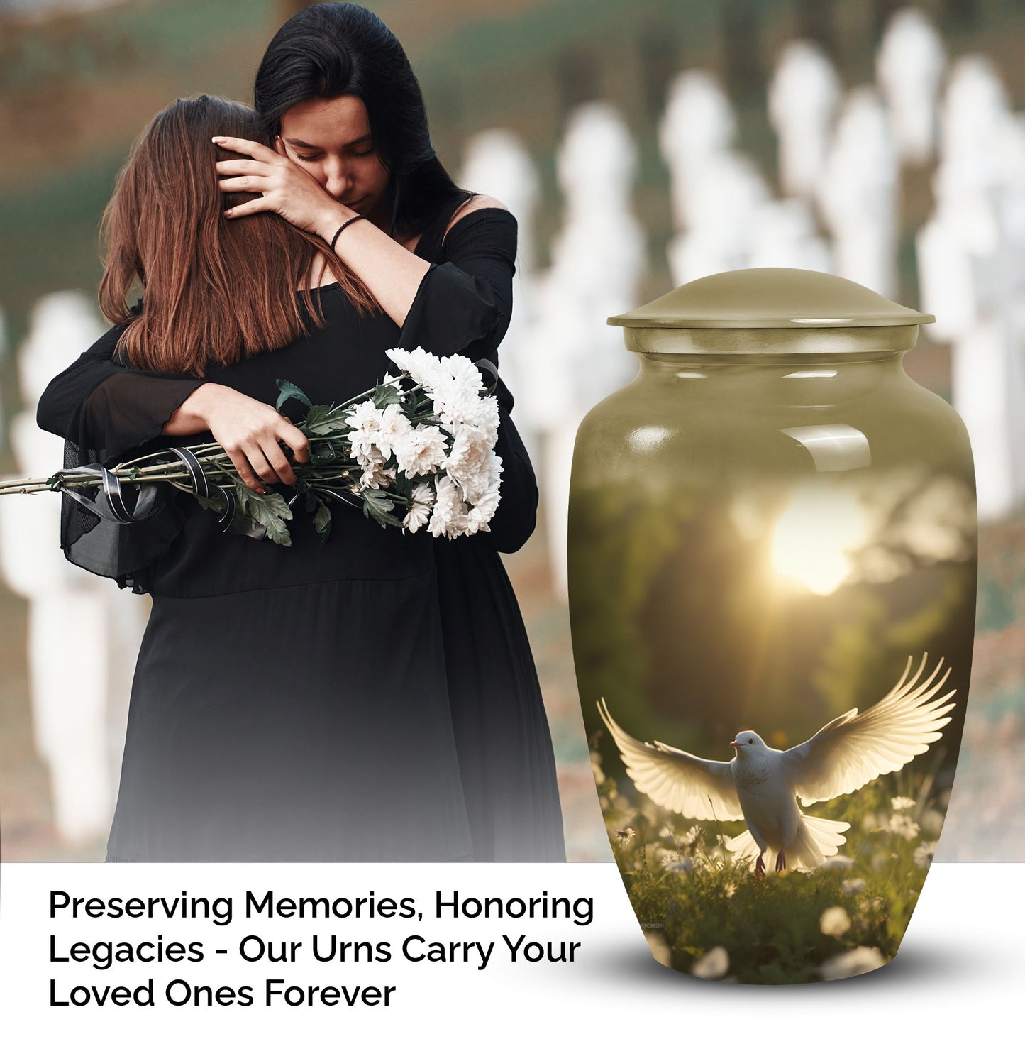 Photo of a dove-themed cremation urn meant for storing adult female human ashes.