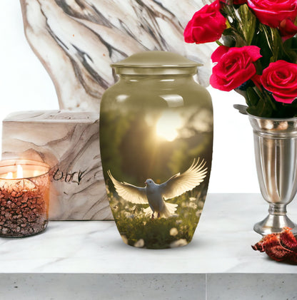 Photo of a dove-themed cremation urn meant for storing adult female human ashes.