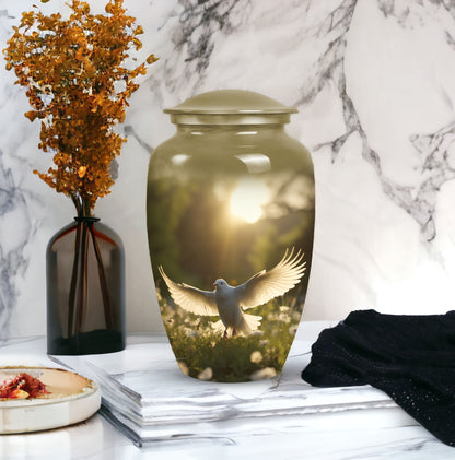 Photo of a dove-themed cremation urn meant for storing adult female human ashes.