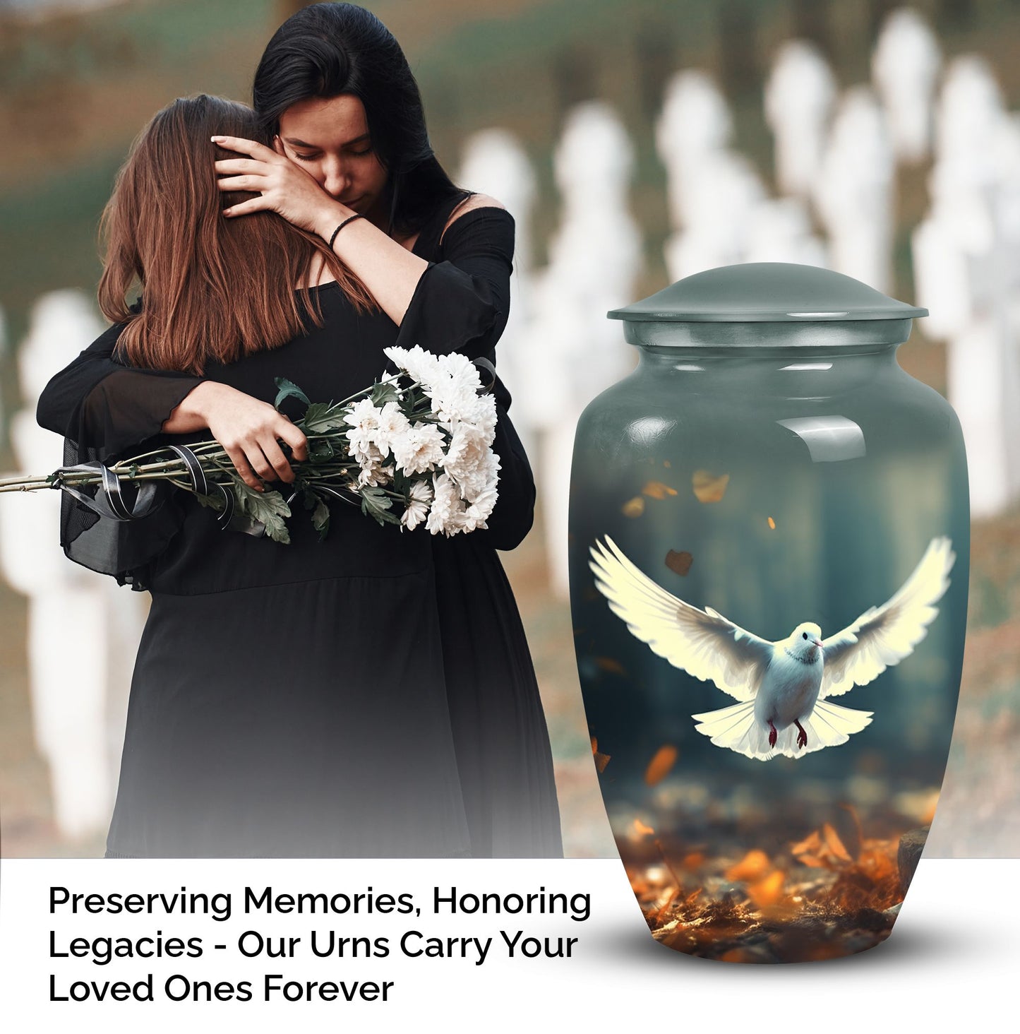 Image of dove-themed cremation urn, a profound funeral container for storing adult female ashes