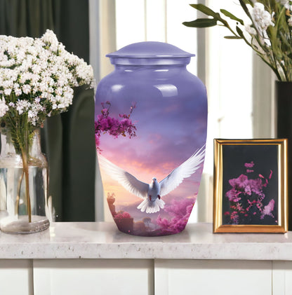Dove-themed cremation urn in medium size, suitable for storing adult men's ashes, perfect for honoring a beloved dad.