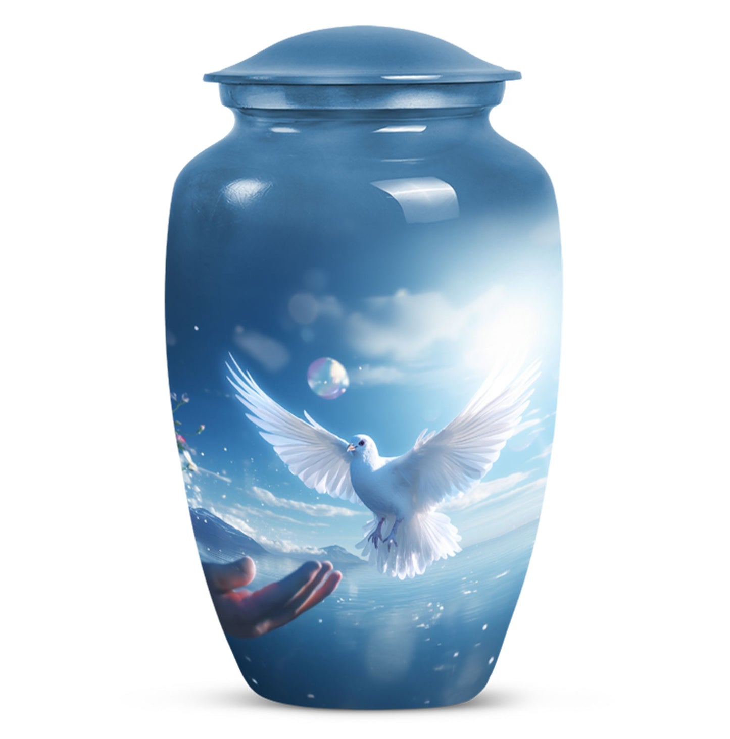 Dove adorned burial urn for adult male human ashes